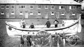 Black & white photo of Torbay's Victorian lifeboat with crew aboard
