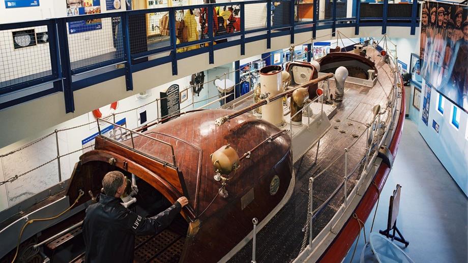 An interior shot of the Henry Blogg Museum, looking down onto the lifeboat. 