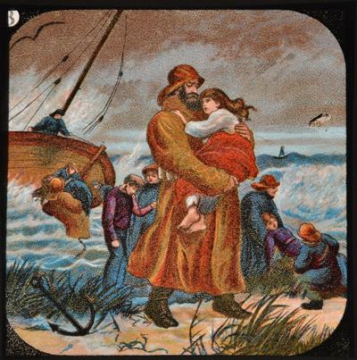 Lantern slide showing an imagined rescue, first produced as part of the Junior Lecturers’ Series in 1901