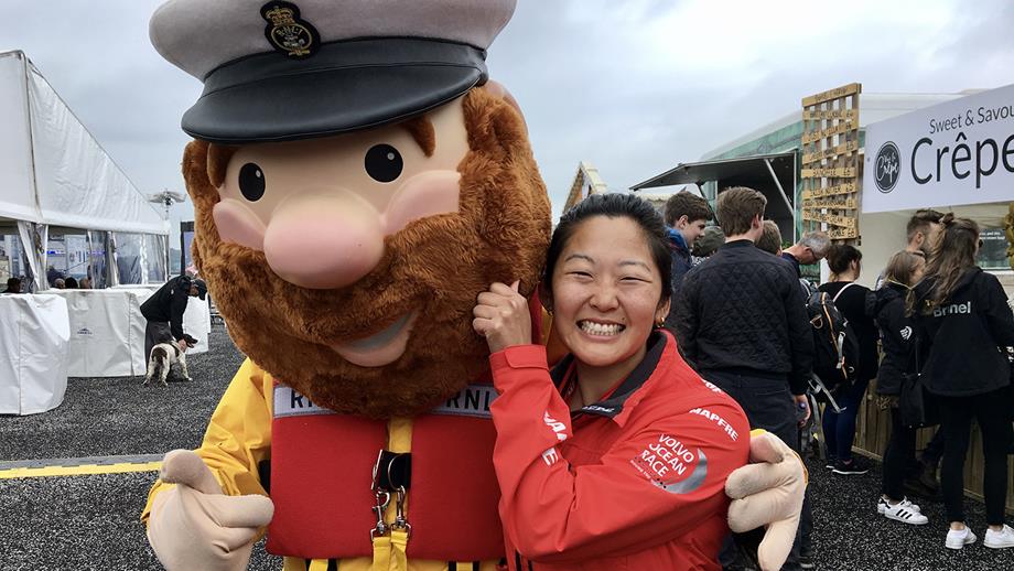 Kari Andersen from Helly Hansen, hanging out with RNLI mascot Stormy Stan
