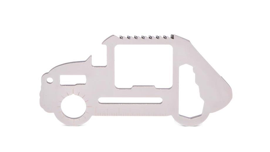 A stainless steel multi-purpose tool, with 11 handy functions, in the shape of a car