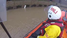 Icicle the handsome white cat half-submerged, clinging onto the river wall for dear life, with the lifeboat crew coming to save the day