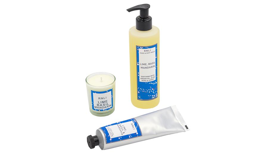 Three RNLI branded beauty products fragranced with lime, basil and mandarin
