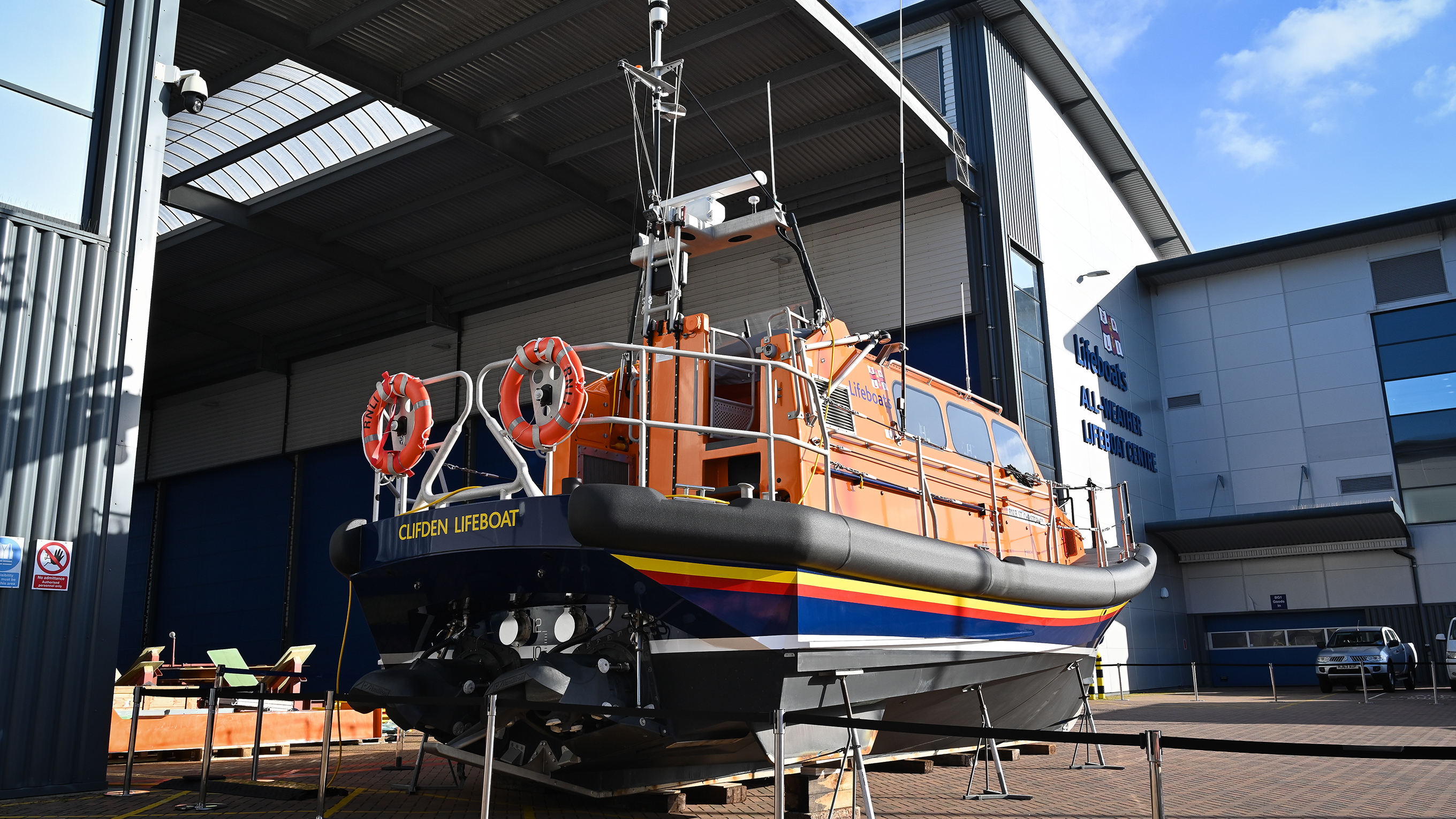 An all-weather lifeboat outside the RNLI’s All-weather Lifeboat Centre 