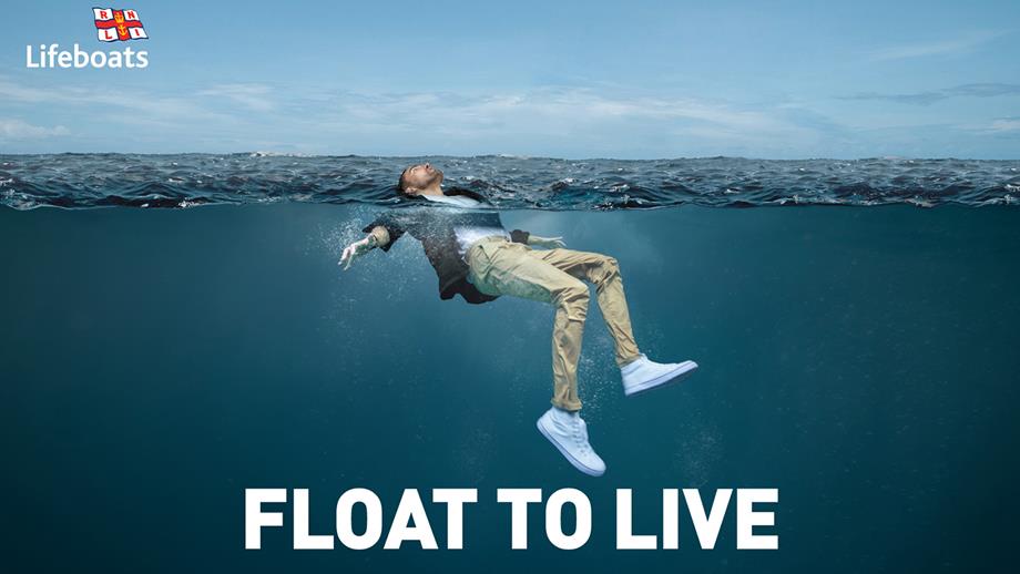 A Float to Live image, showing a man floating in the water with his arms stretched out and his head tilted back