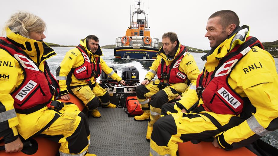 Four crew members from Achill Island aboard their Trent class lifeboat