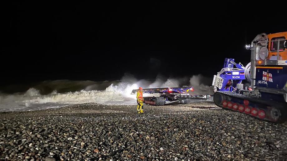 The SLARS ready and waiting to recover Llandudno’s lifeboat from the angry waves