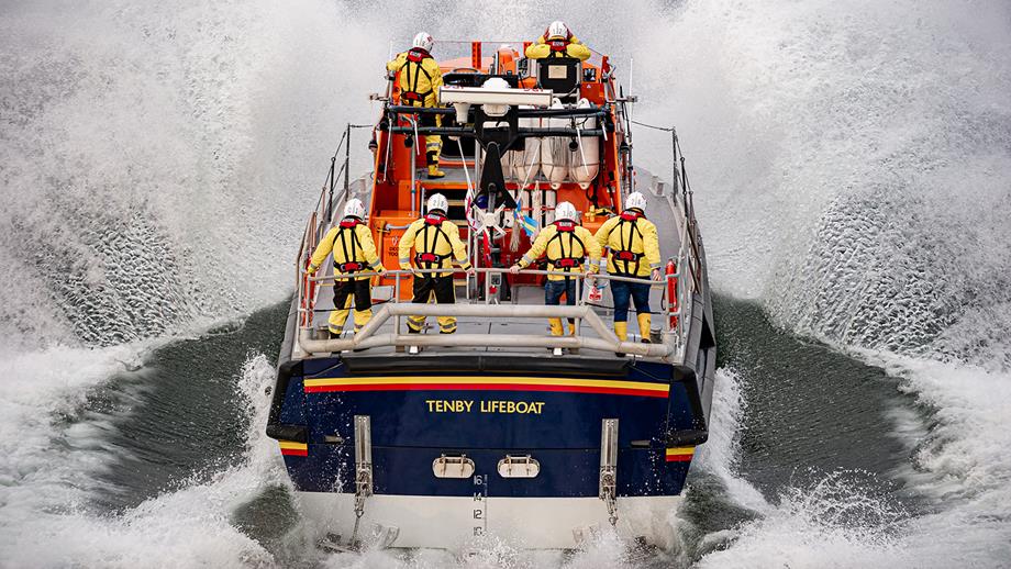 Tenby volunteers onboard Tamar class lifeboat Haydn Miller hit the sea with a splash