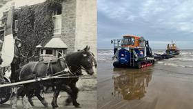 A black and white photograph of two horses pulling a lifeboat, next to a modern day photograph of a Shannon class lifeboat being launched by a high-tech launch and recovery system 