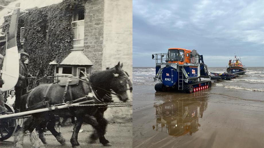 A black and white photograph of two horses pulling a lifeboat, next to a modern day photograph of a Shannon class lifeboat being launched by a high-tech launch and recovery system 
