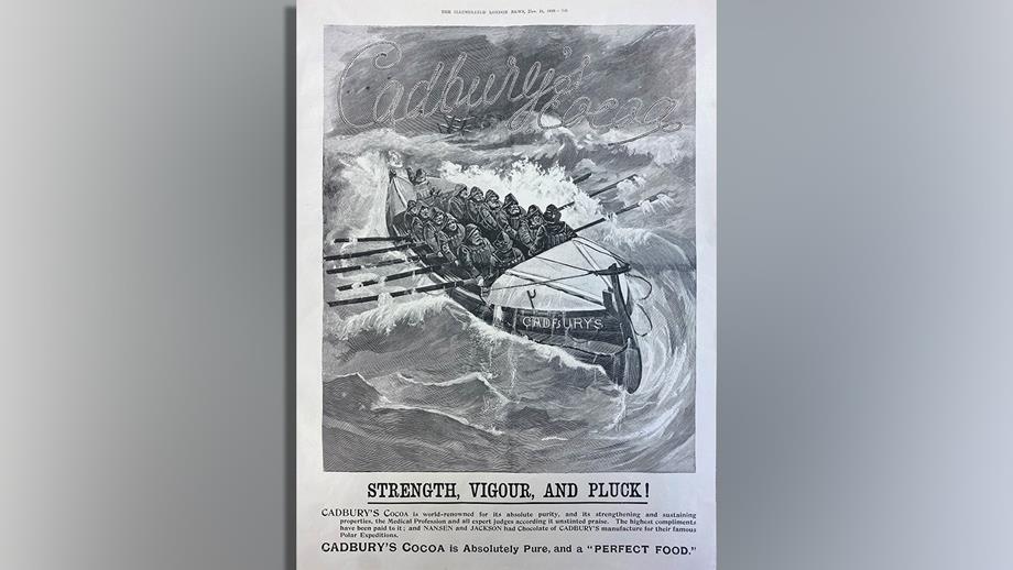 A Cadbury advertisement from a London newspaper in the late 1800s. There is a large illustration of crew onboard a lifeboat, which they are rowing through rough seas. ‘Cadbury’s’ is written on the side of the lifeboat.