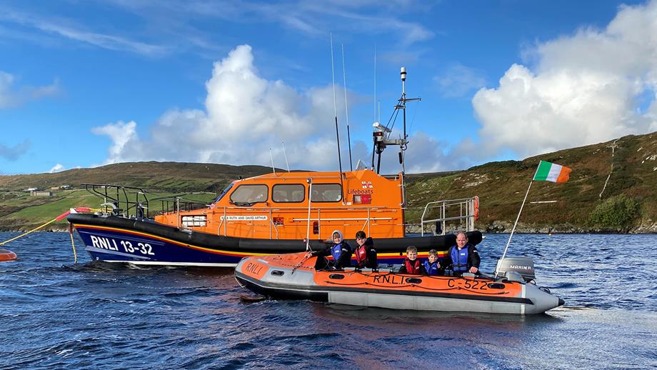 The C class lifeboat, with the Mullen family aboard, alongside the much bigger Shannon class all-weather lifeboat