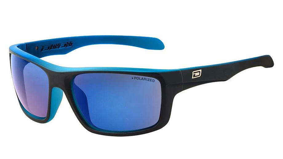 A pair of black and bright blue sunglasses, with blue polarised lenses, from Dirty Dog
