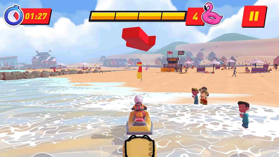 A screenshot from the RNLI’s Storm Force Rescue game. A lifeguard is on their rescue watercraft approaching the shore. Some children are paddling in the sea.