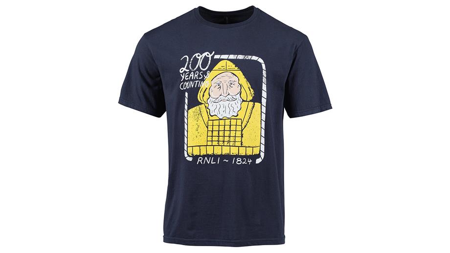 A dark blue T-shirt with an illustration of a crew member with a big white beard wearing a cork lifejacket and yellow crew kit. The text reads ‘200 years and counting’, to celebrate the RNLI’s anniversary. 