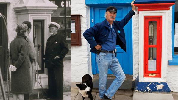 Left: St Davids Coxswain William Watts Williams discusses the barometer with an American TV crew. Right: Former St Davids Coxswain Malcolm Gray poses beside the device.