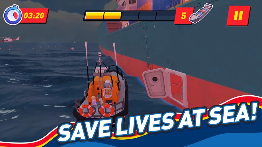 A screenshot from the RNLI’s Storm Force Rescue game. A lifeboat is pulled up alongside a cargo ship that is on fire.