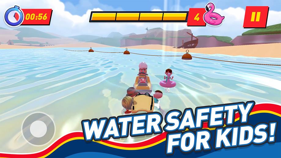 A screenshot from the RNLI’s Storm Force Rescue game. A lifeguard is on a rescue watercraft rescuing some children on pink flamingo inflatables.