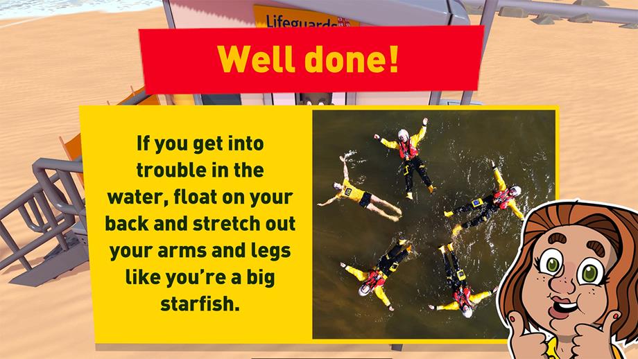 A screenshot from the water safety game. Sandy the lifeguard is in the bottom right-hand corner and has her thumbs up to say well done to the player. On the screen is a safety tip about how to float to live.