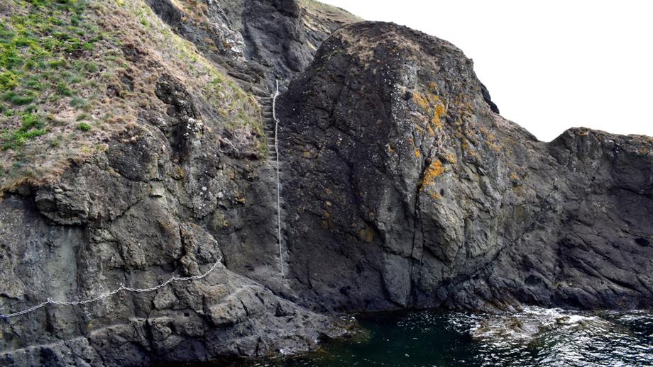 A section of the Elie Chainwalk in Fife showing a path and a steep set of steps carved into the rock and the chains anchored into the cliff face. The sea is lapping at the bottom of the cliff.
