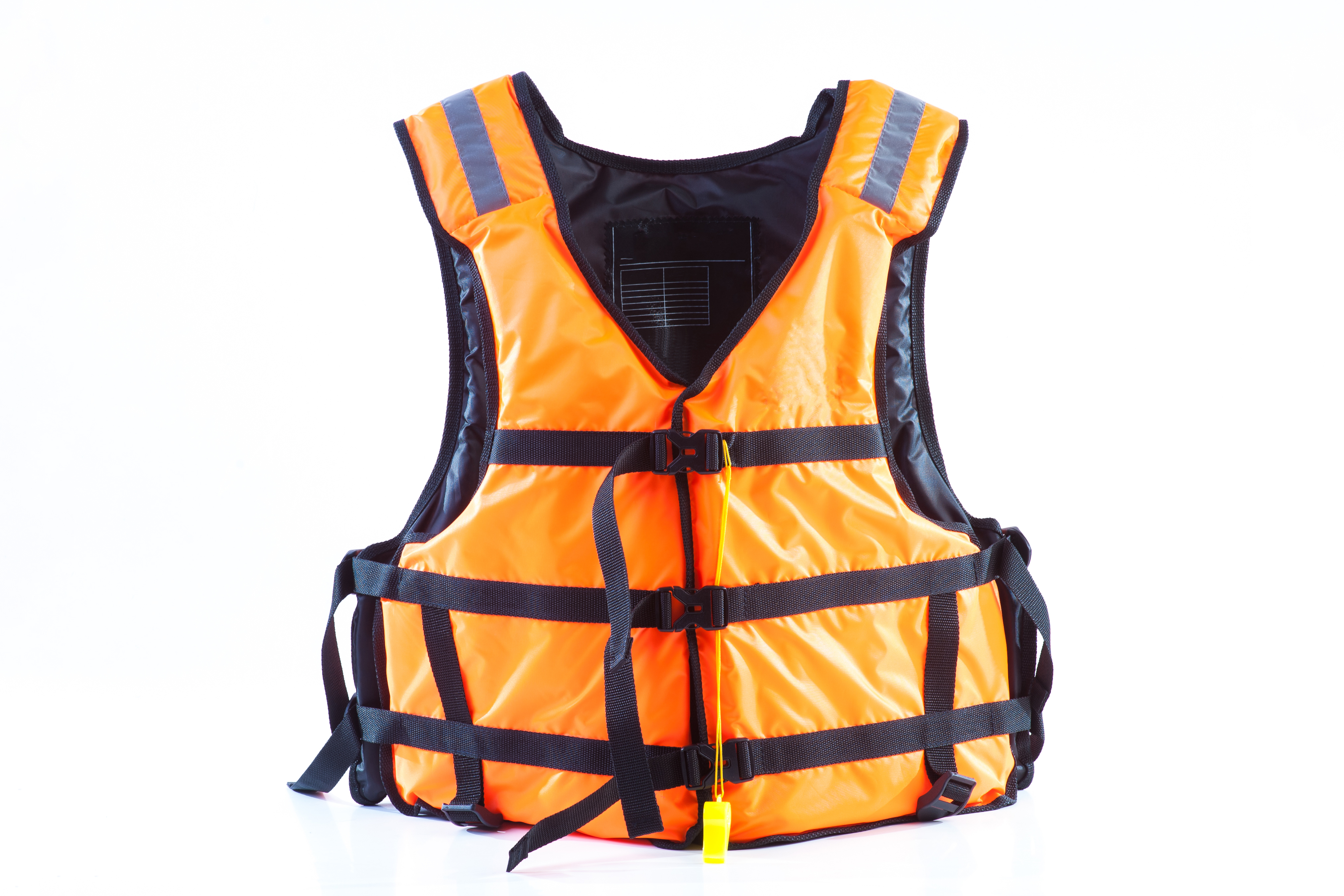 An orange lifejacket on a white background.