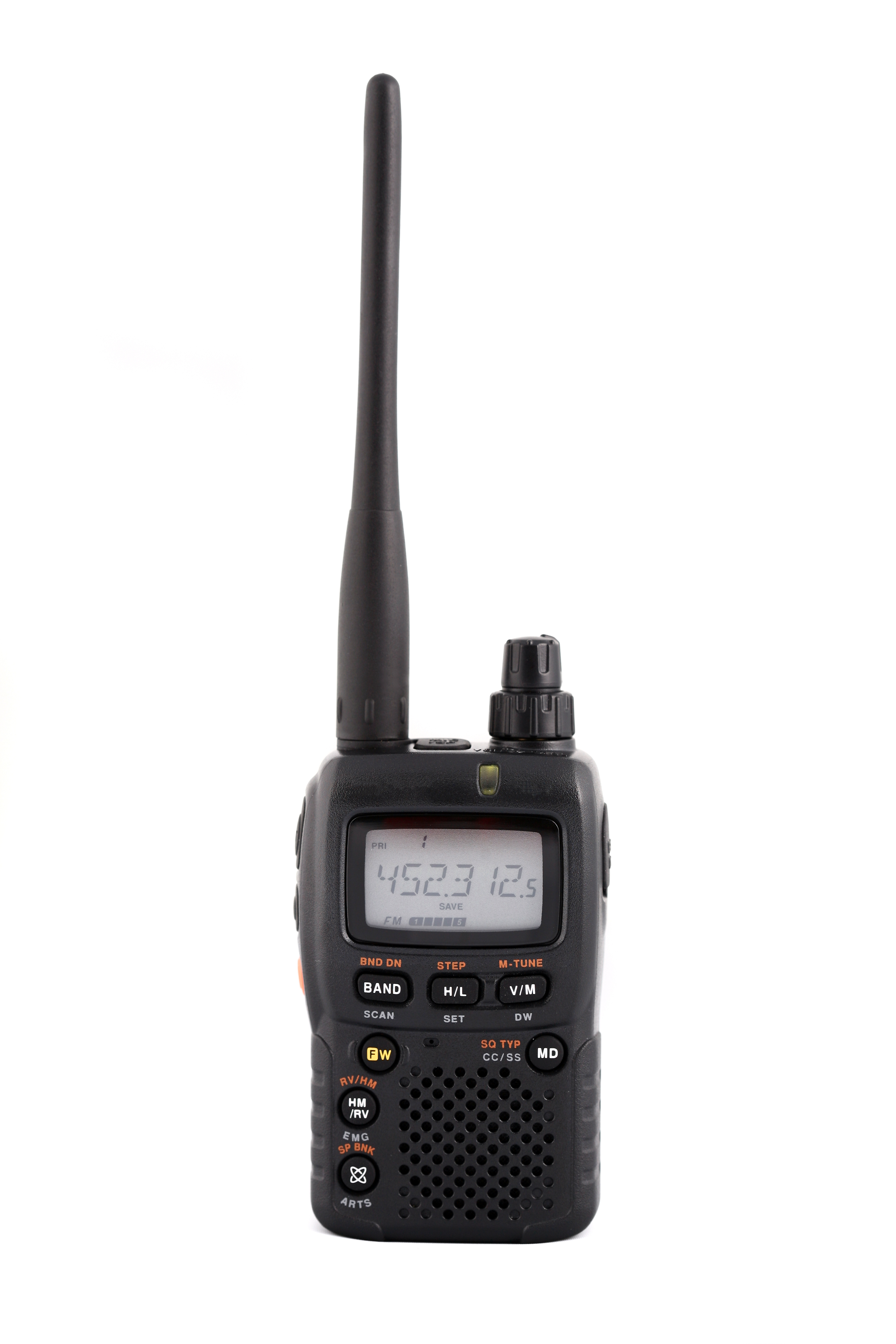 A black VHF radio on a white background.