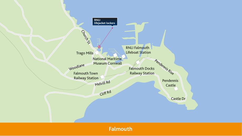 Map to show where the RNLI lifejacket locker is located at Falmouth