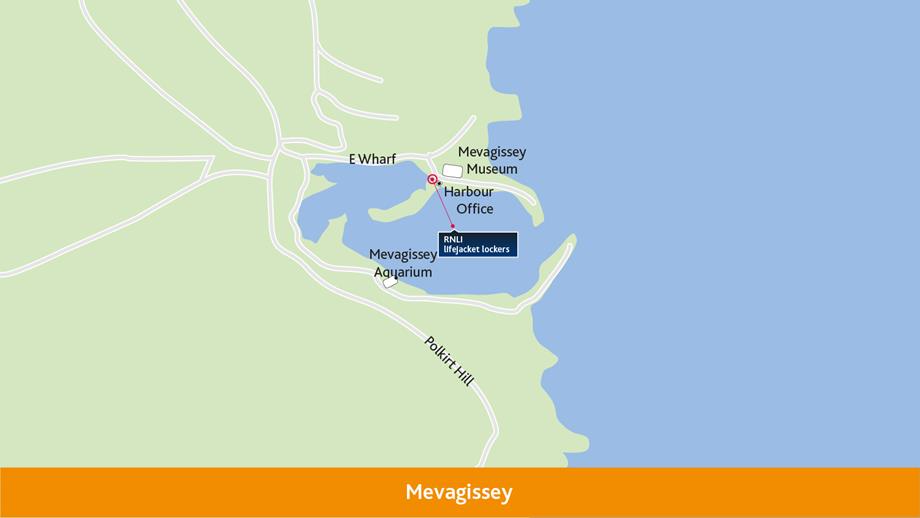 Map to show where the RNLI lifejacket locker is located at Mevagissey