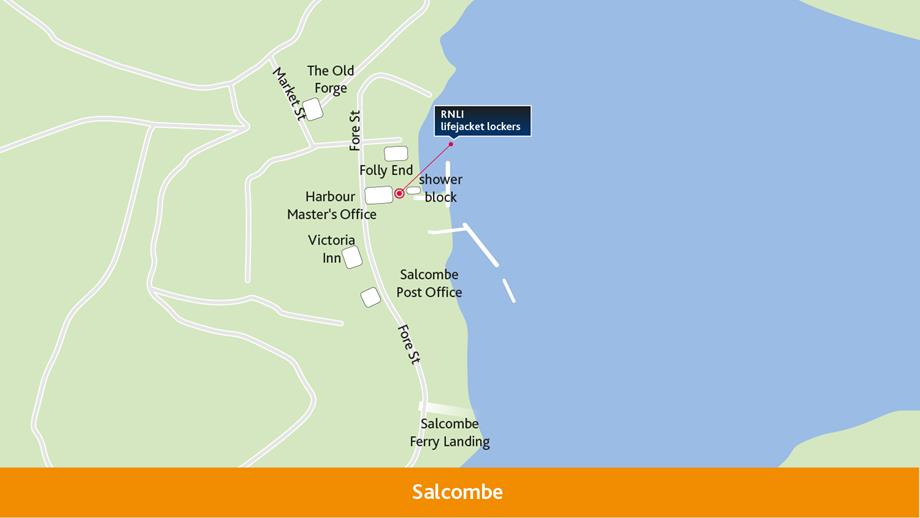Map to show where the RNLI lifejacket locker is located at Salcombe