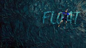A man is floating in water with the word ‘float’ written behind him.