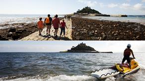 The causeway at St Michael’s Mount in Cornwall which is revealed at low tide and covered as tide rises