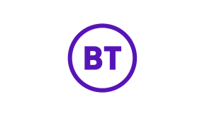 BT trademark featuring a white circle with a purple border and the letters BT in purple inside the circle