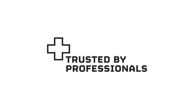 Helly Hansen trademark: A white plus sign with a black outline with the words Trusted By Professionals in black capital letters underneath it