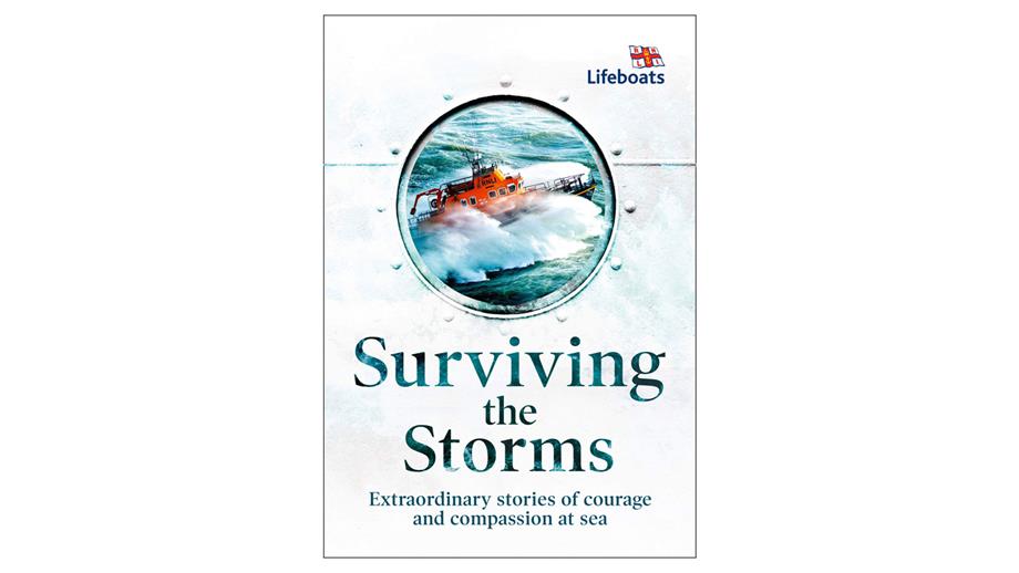 Cover of the hardback version of RNLI book Surviving the Storms published by HarperCollins featuring a picture of a porthole with the view of an all-weather lifeboat powering through the sea 