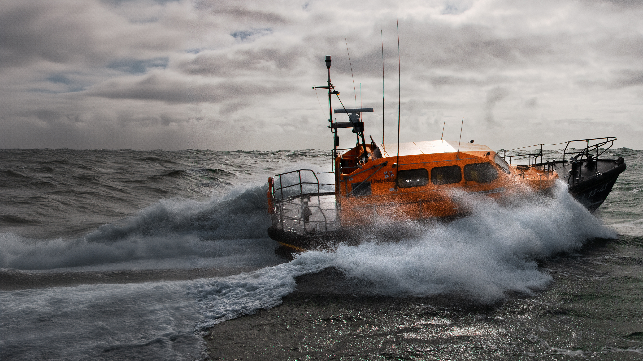 An RNLI Shannon class all-weather lifeboat in rough seas
