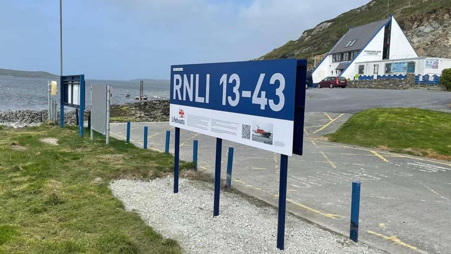 Billboard outside RNLI lifeboat station displaying a replica of decal names from Clifden Launch a Memory lifeboat