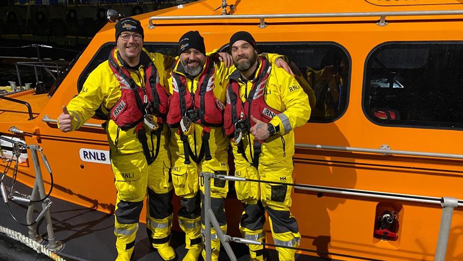 Newly trained Invergordon Crew Members Lee Falkiner, Danny Simpson and Andy Haines looking very happy in their crew kit aboard the station’s Shannon class lifeboat