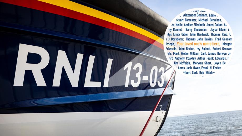 Close-up of the side of the Shannon lifeboat hull – with identification number RNLI 13-03 showing how it will be made up of loved one's names. 