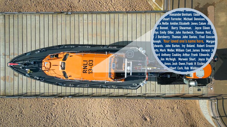 A Shannon class lifeboat with identifying number 13-03 on the roof of the wheelhouse showing how it will be made up of loved one's names