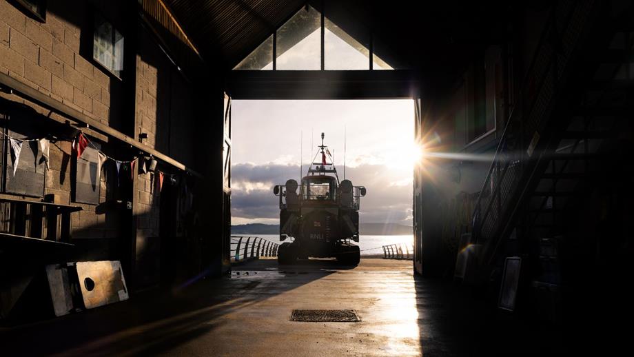 Launch and recovery exercise of Exmouth Shannon class lifeboat R and J Welburn 13-03. Shot for Launch a Memory campaign.