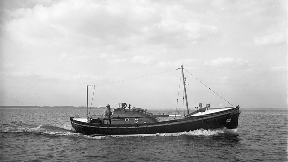 A black and white image of the Marie Noble, RNLI Exmouth's lifeboat between 1953-1960, of which Will Carder was a crew member on