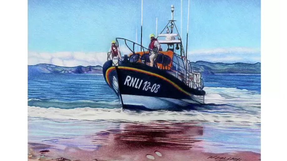 Photographic Print of RNLI Exmouth’s Shannon Lifeboat created by Nick Langdon. The image shows the lifeboat landing upon Exmouth Beach and awaiting The Shannon Launch and Recovery System in order to be returned back to the lifeboat station.