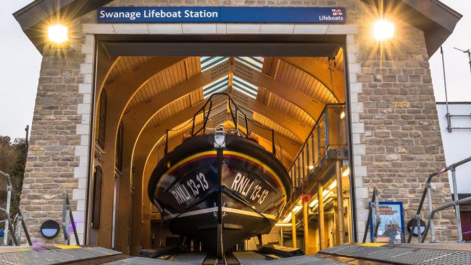 Swanage RNLI’s Shannon class lifeboat 13-13 on the slipway inside the boathouse- at Swanage Lifeboat Station