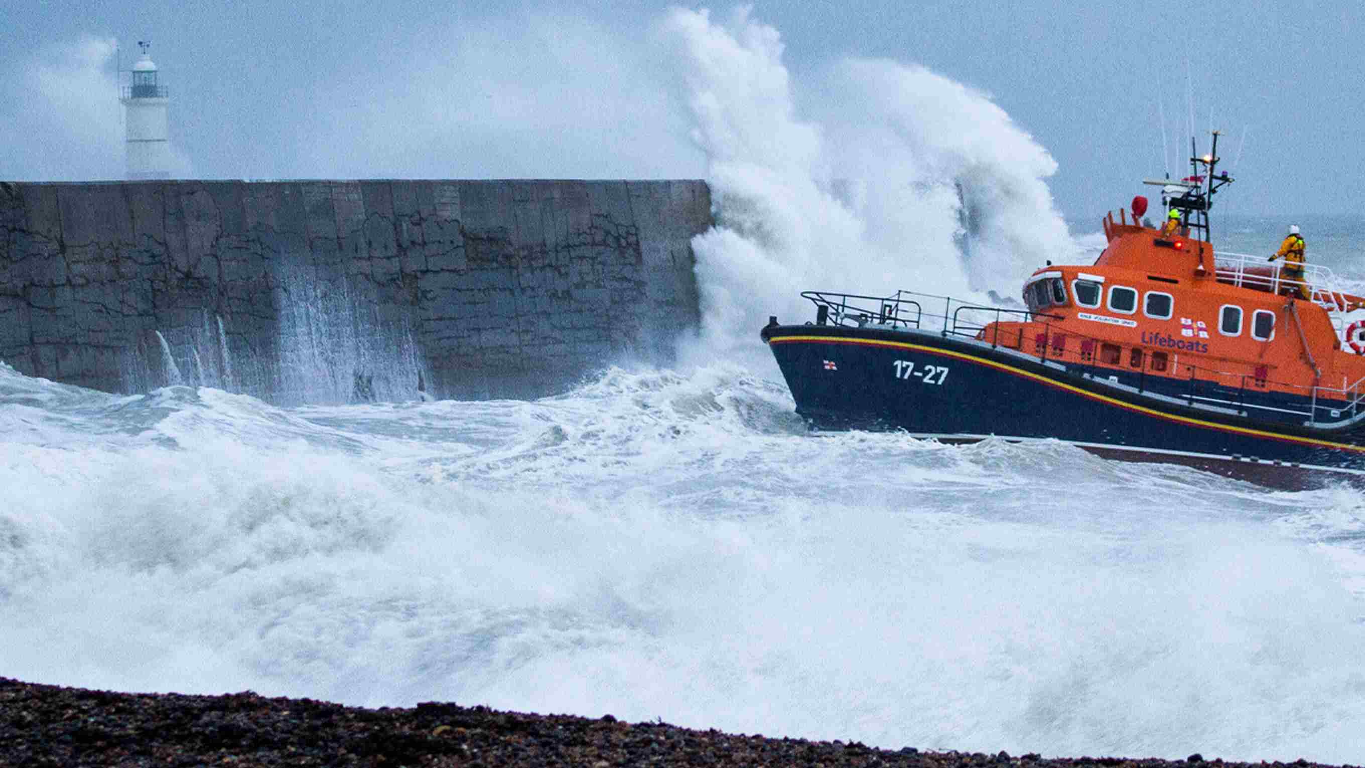 Relief Severn class lifeboat Volunteer Spirit 17-27 on a shout in huge waves and hurricane force winds