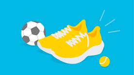 Running shoes and sports balls icon