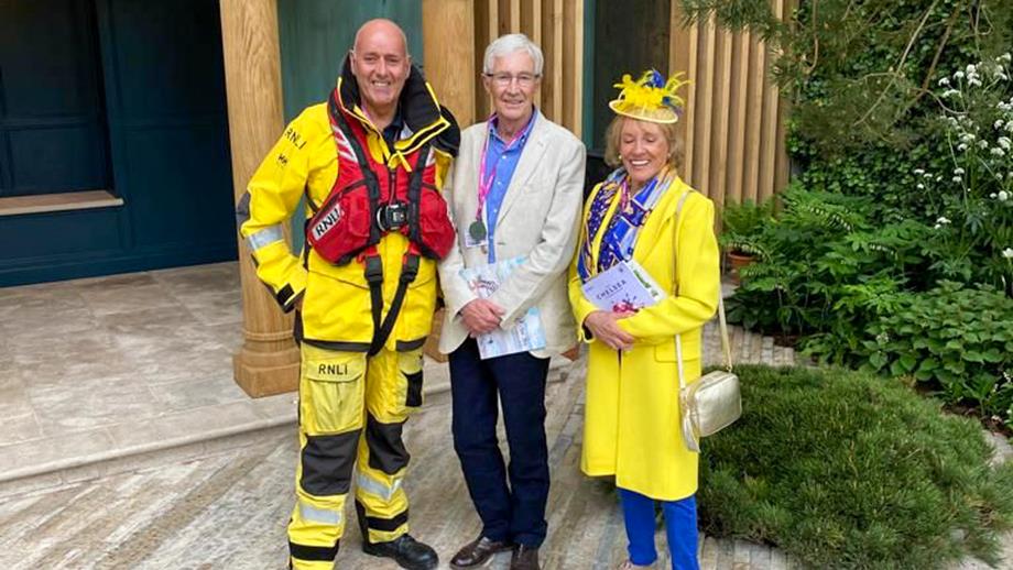Lifeboat Crew Member Andy Mayo, Paul O’Grady and Esther Rantzen in our garden at the RHS Chelsea Flower Show.