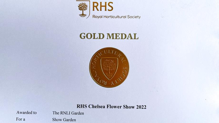 A gold medal certificate awarded to the RNLI from the RHS Chelsea Flower Show 2022.