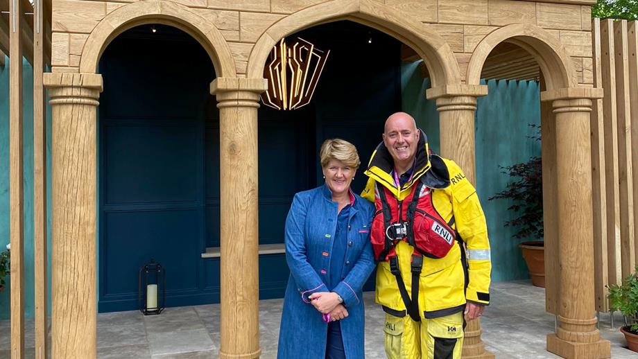 Clare Balding and Lifeboat Crew Member Andy Mayo in our garden at the RHS Chelsea Flower Show