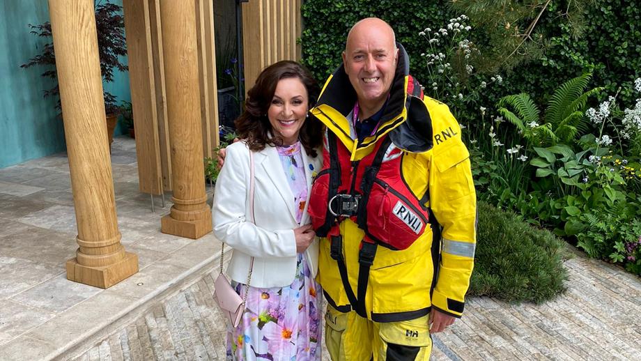 Shirley Ballas and Lifeboat Crew Member Andy Mayo in our garden at the RHS Chelsea Flower Show