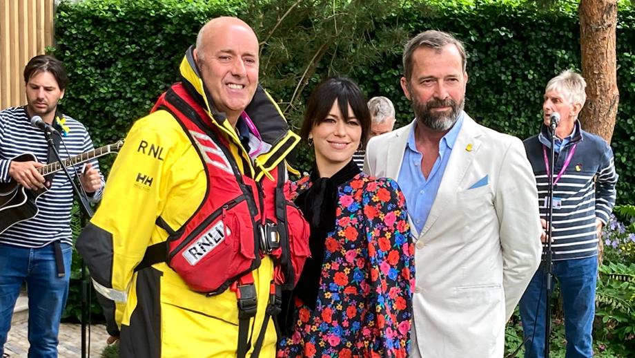 Lifeboat Crew Member Andy Mayo, Imelda May and James Purefoy in our garden at the RHS Chelsea Flower Show.